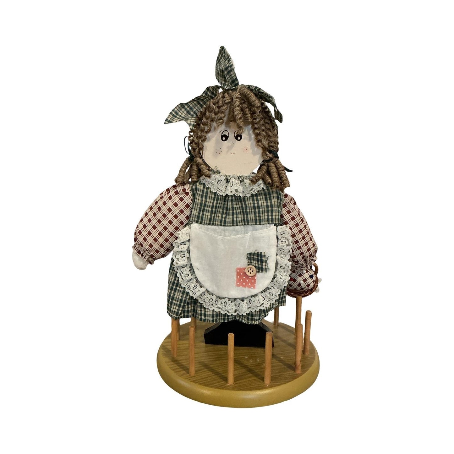 Vintage Wooden Thread Spool Holder Sewing Organizer Plaid Fabric Doll 15in