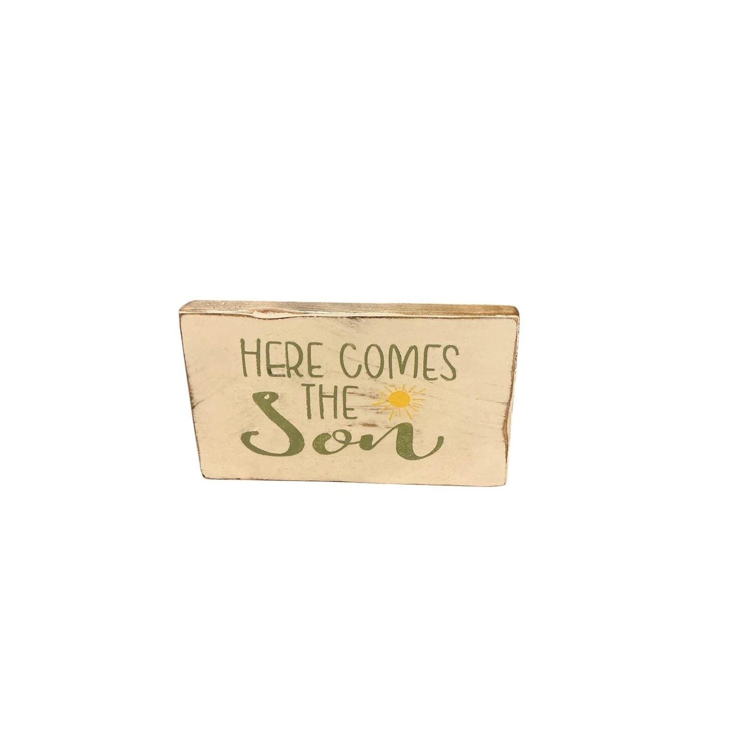 Rustic Wood Block Sign Here Comes The Son Distressed White Farmhouse Decor 6x3.5