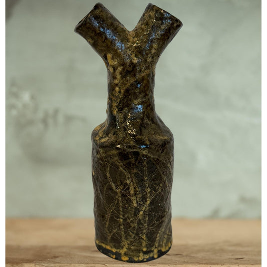 Rare Handmade Vase/Decorative Bottle – Abstract Brown & Beige with 2 openings