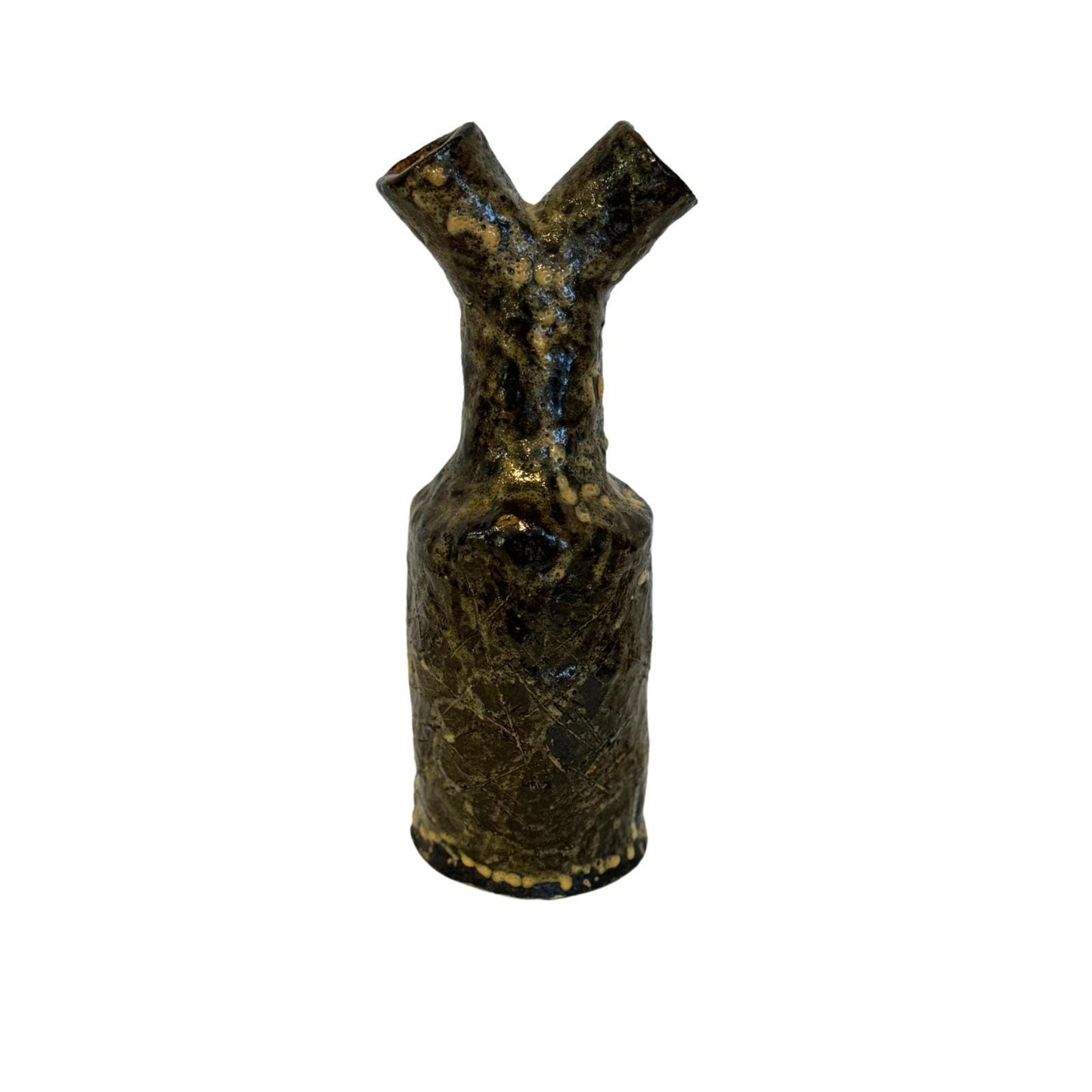 Rare Handmade Vase/Decorative Bottle – Abstract Brown & Beige with 2 openings