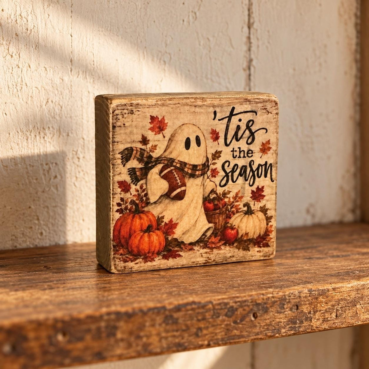 Basket Case Designs Tis The Season Ghost Football Fall Rustic Wood Block Sign