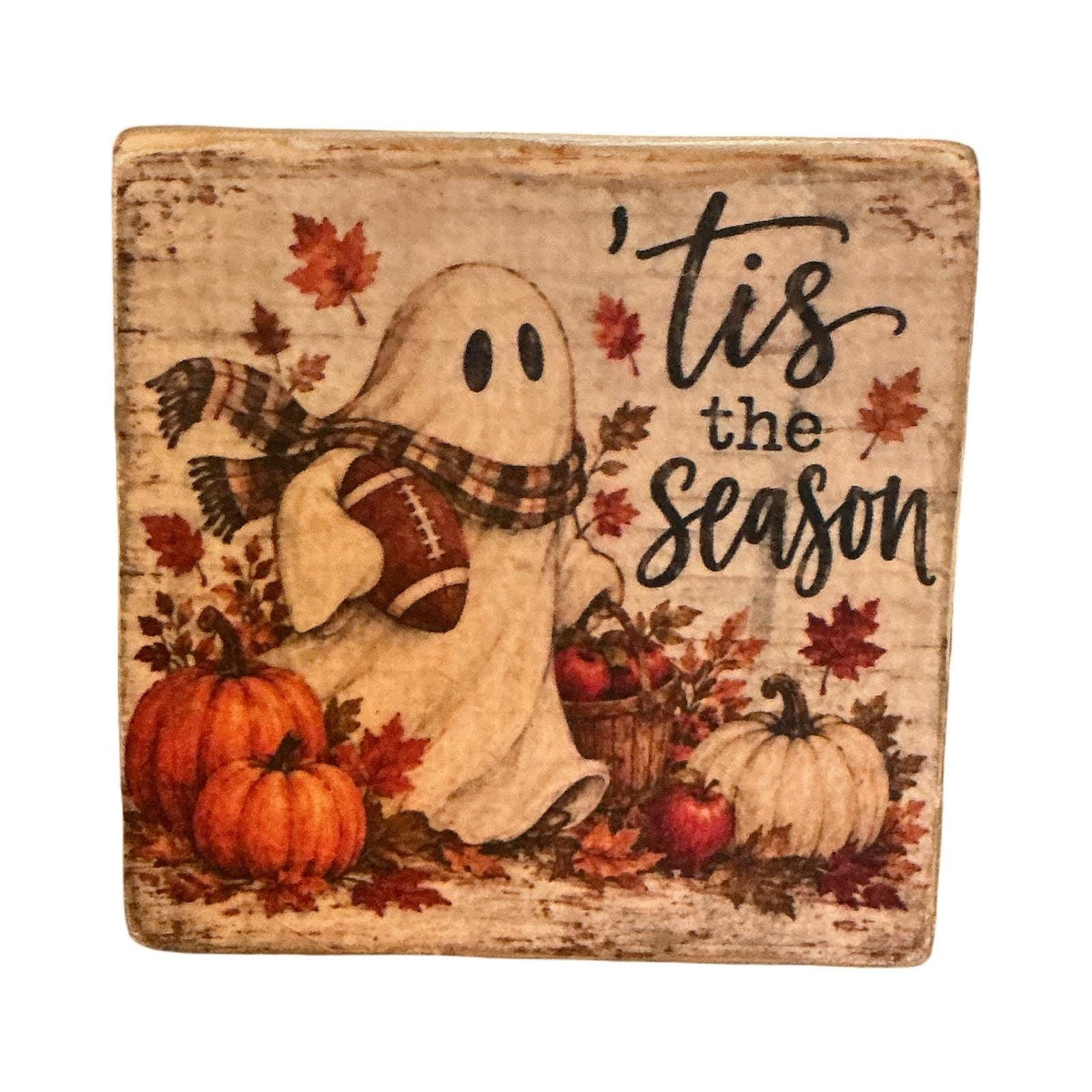 Basket Case Designs Tis The Season Ghost Football Fall Rustic Wood Block Sign
