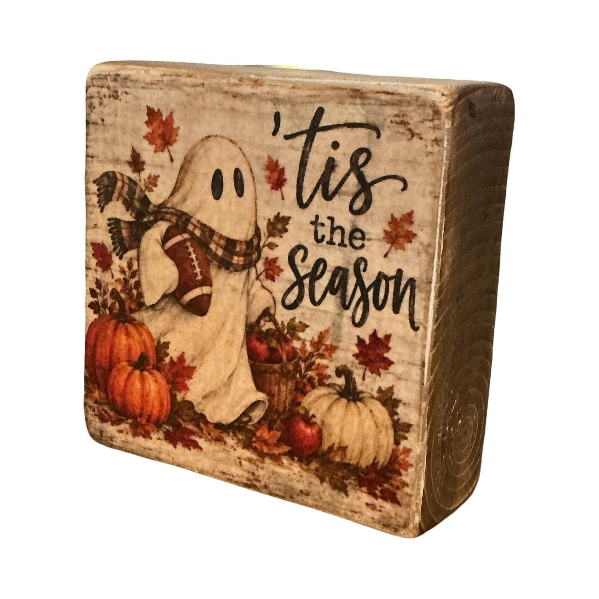 Basket Case Designs Tis The Season Ghost Football Fall Rustic Wood Block Sign