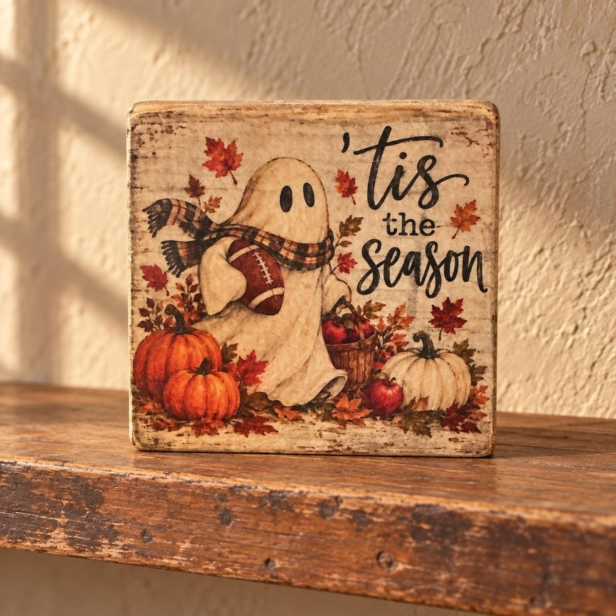 Basket Case Designs Tis The Season Ghost Football Fall Rustic Wood Block Sign
