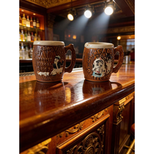 Vintage Ceramic Barrel Mugs Humorous Barware Set Japan Anything Improper Gimme