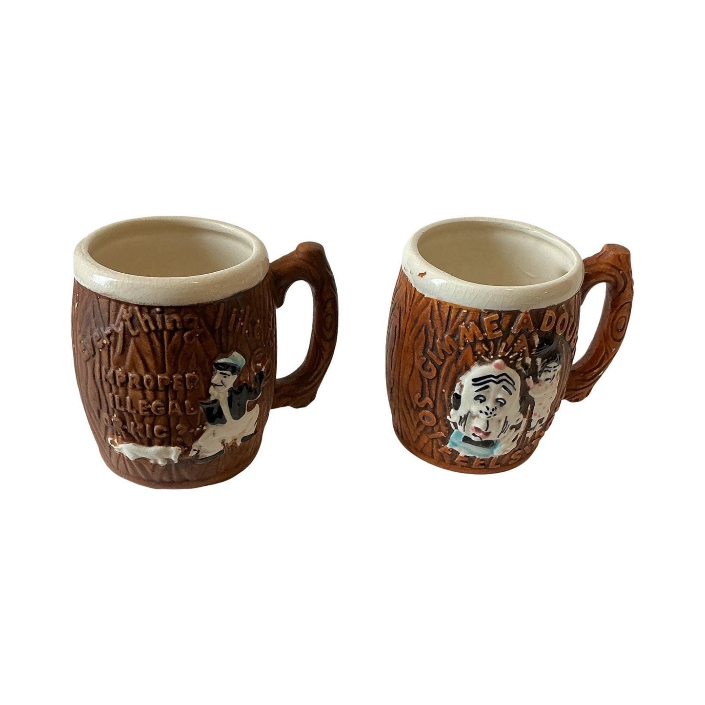 Vintage Ceramic Barrel Mugs Humorous Barware Set Japan Anything Improper Gimme