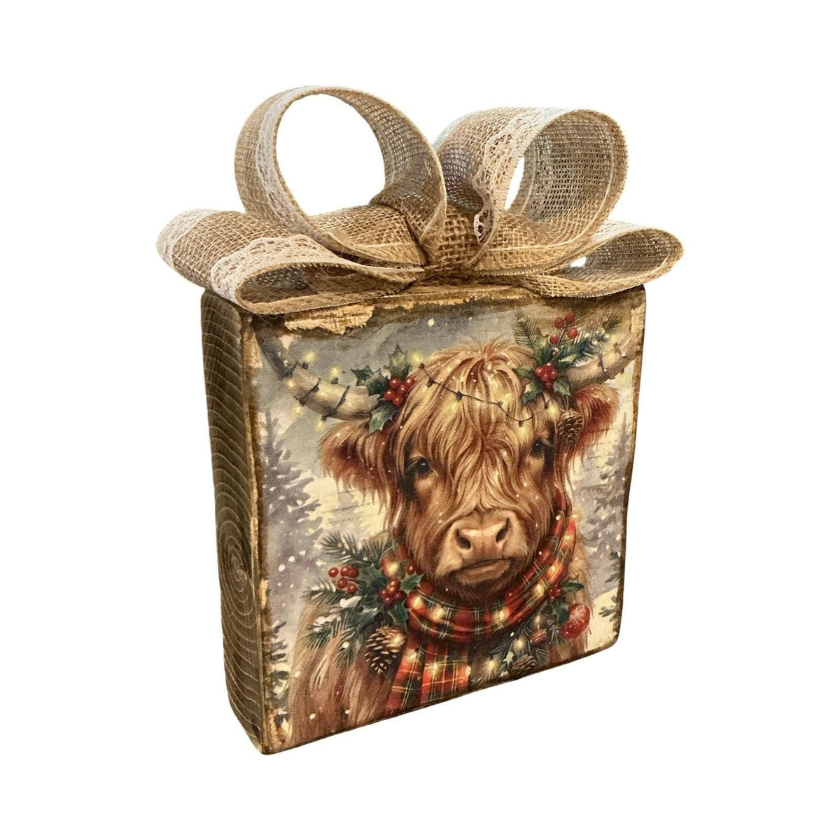 Rustic Highland Cow Christmas Wood Block Decor Burlap Bow Farmhouse Holiday Sign