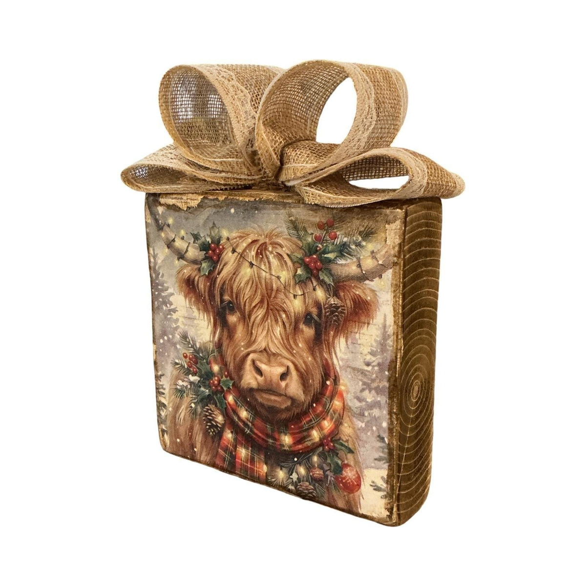 Rustic Highland Cow Christmas Wood Block Decor Burlap Bow Farmhouse Holiday Sign