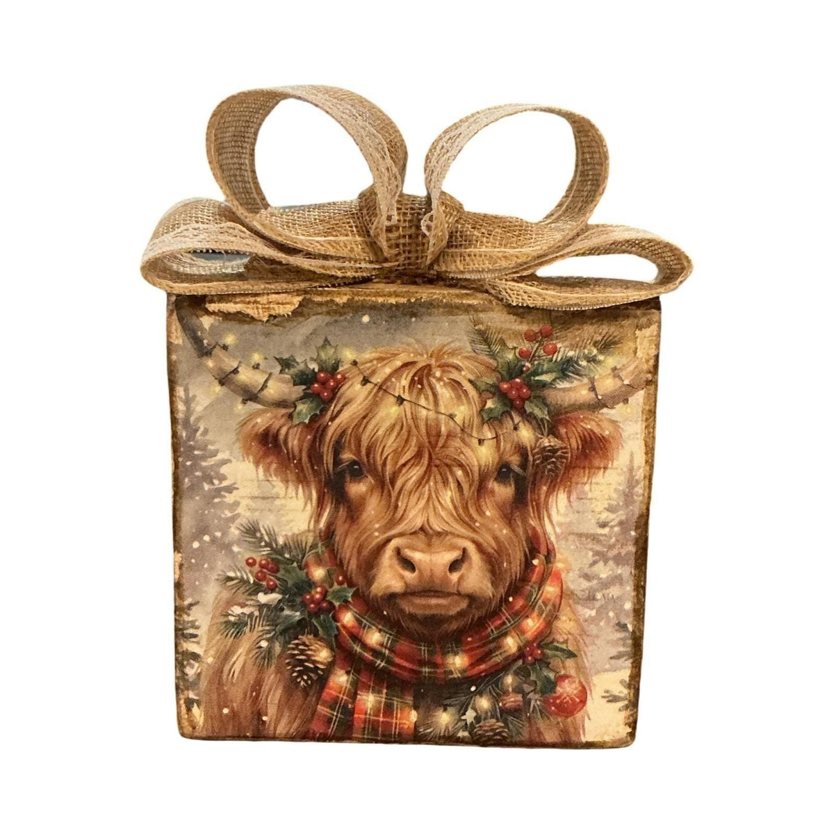 Rustic Highland Cow Christmas Wood Block Decor Burlap Bow Farmhouse Holiday Sign