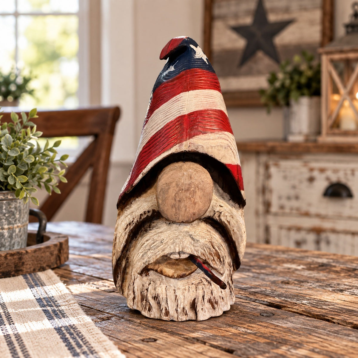 Hand-Carved Patriotic Wooden Gnome Sculpture With American Flag Hat - Rustic Home Decor - 14" Tall
