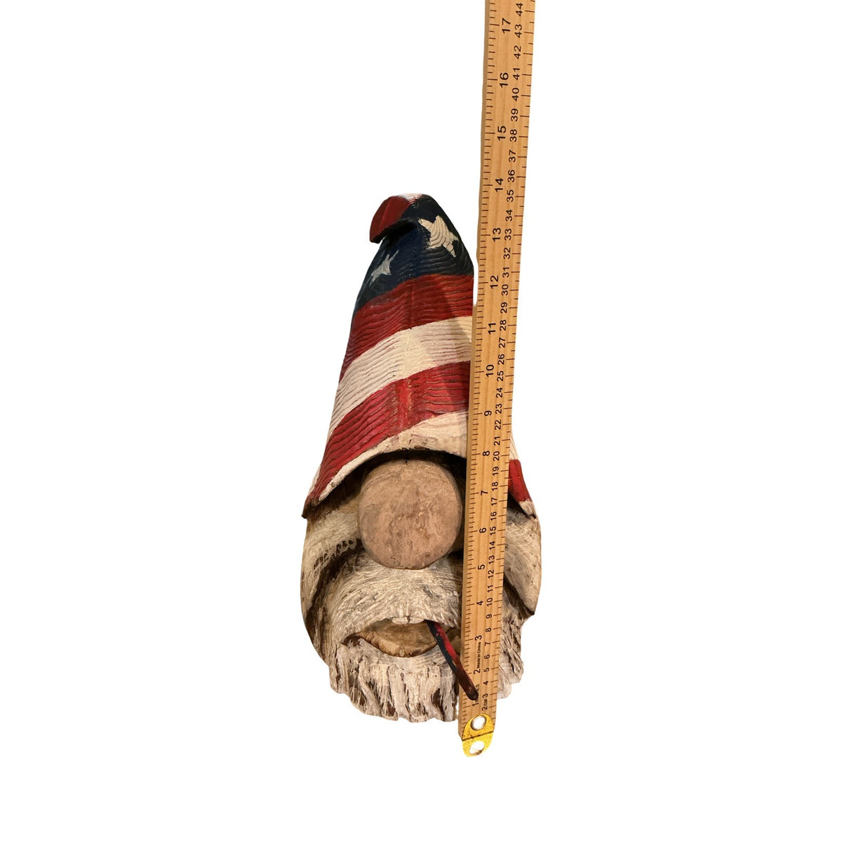 Hand-Carved Patriotic Wooden Gnome Sculpture With American Flag Hat - Rustic Home Decor - 14" Tall
