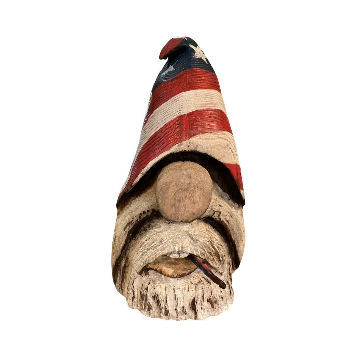 Hand-Carved Patriotic Wooden Gnome Sculpture With American Flag Hat - Rustic Home Decor - 14" Tall