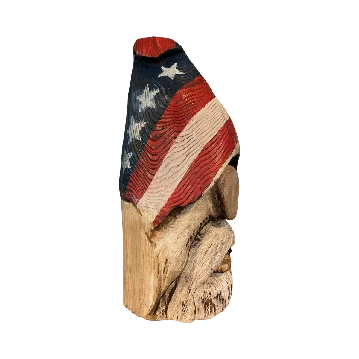 Hand-Carved Patriotic Wooden Gnome Sculpture With American Flag Hat - Rustic Home Decor - 14" Tall