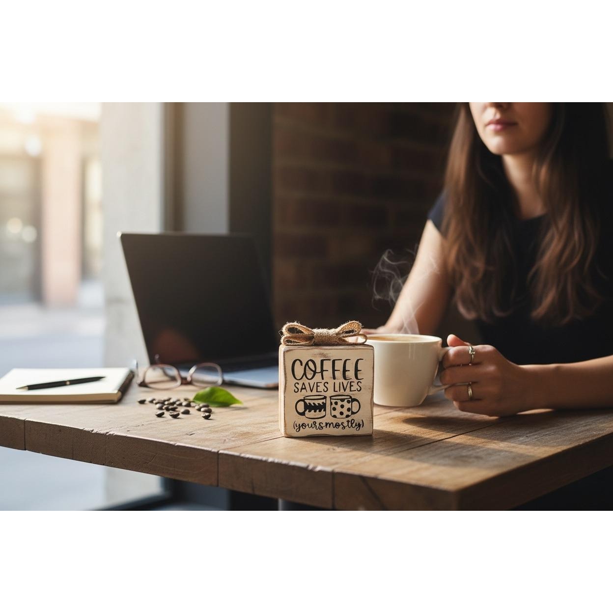 Coffee Saves Lives Yours Mostly Rustic Wood Block Sign Burlap Bow Farmhouse