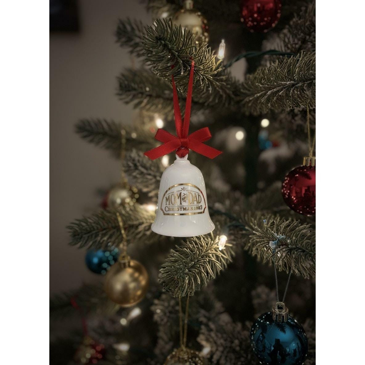 Vintage Hallmark 1983 Ceramic Mom & Dad Christmas Bell Ornament With Red Ribbon