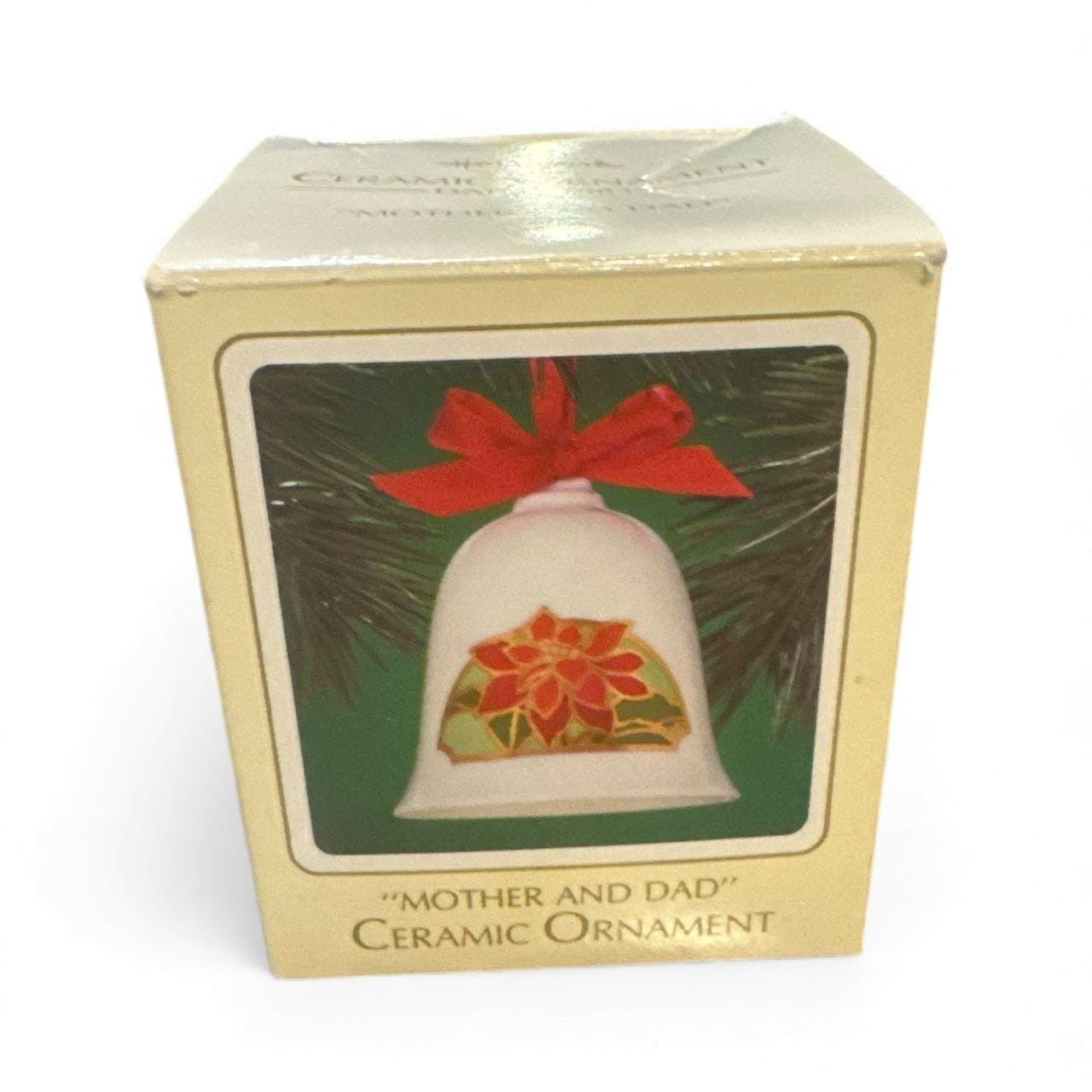 Vintage Hallmark 1983 Ceramic Mom & Dad Christmas Bell Ornament With Red Ribbon