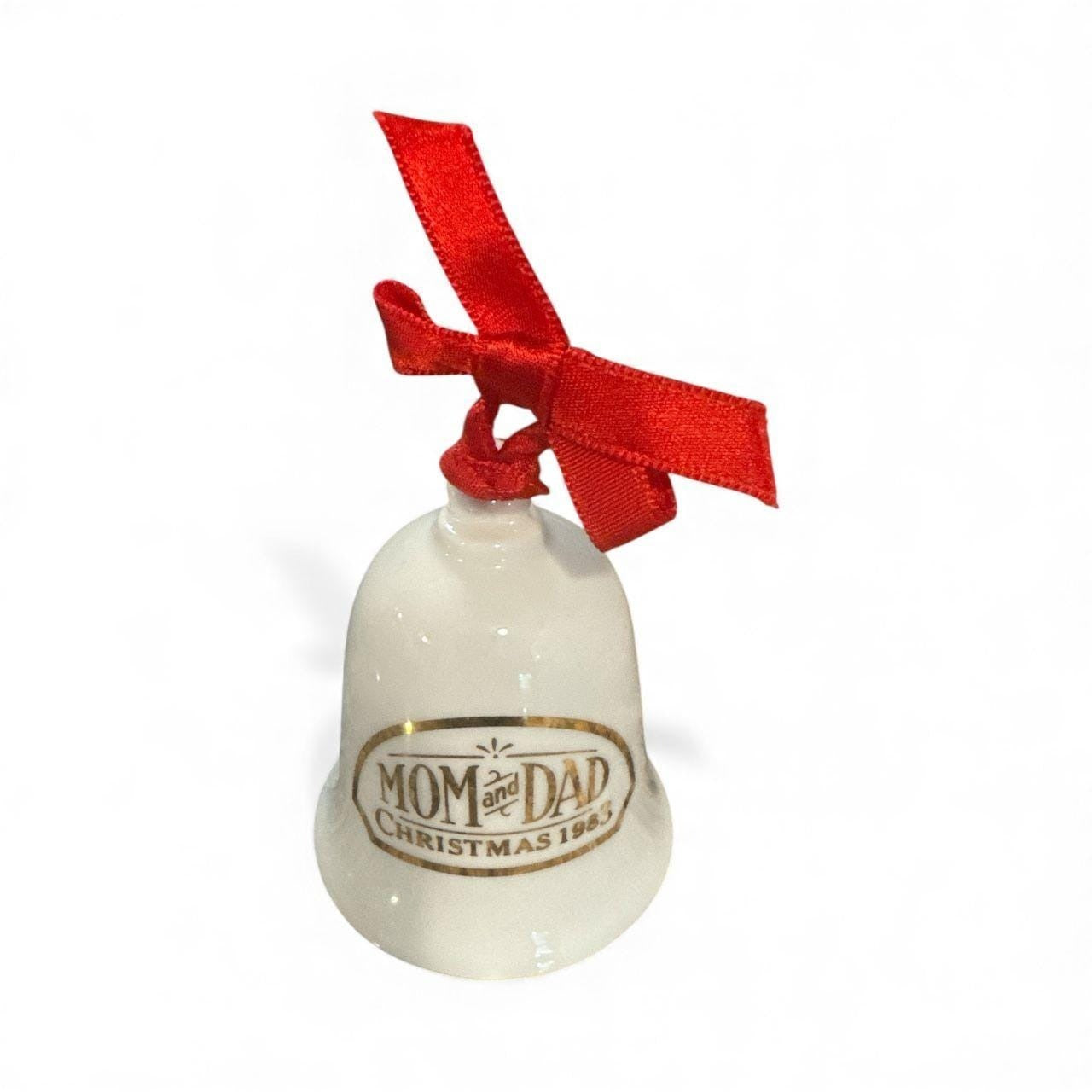 Vintage Hallmark 1983 Ceramic Mom & Dad Christmas Bell Ornament With Red Ribbon