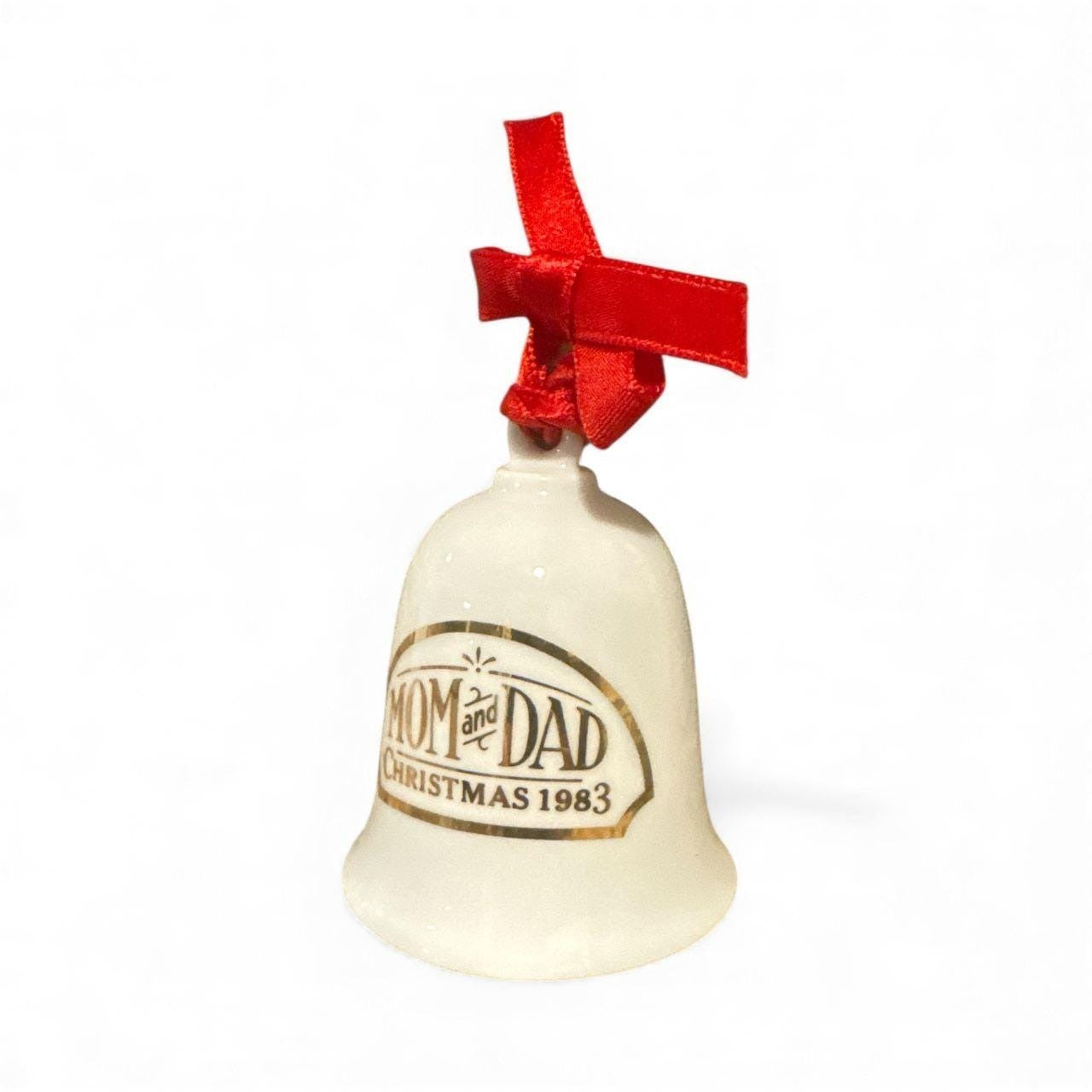 Vintage Hallmark 1983 Ceramic Mom & Dad Christmas Bell Ornament With Red Ribbon