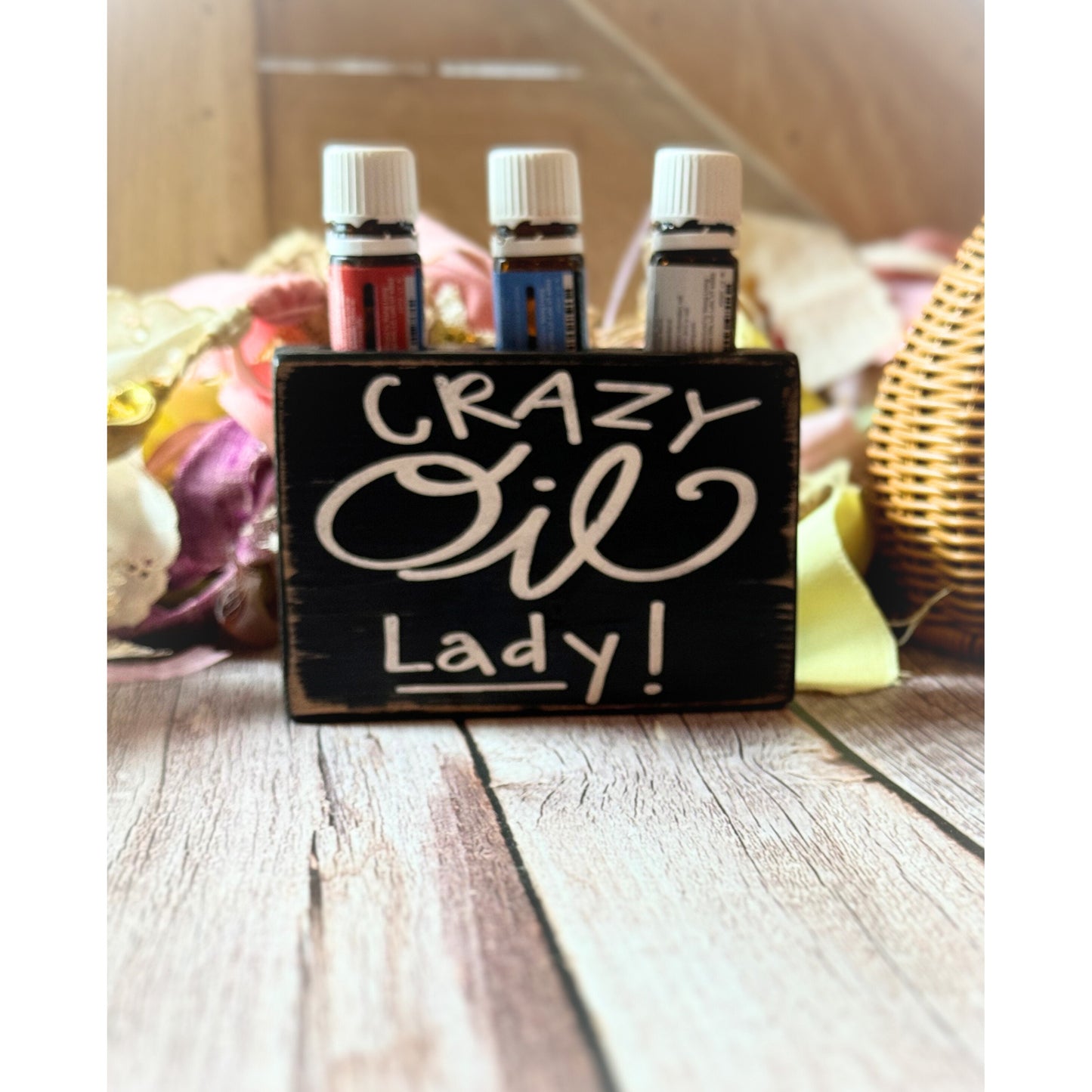 Crazy Oil Lady Wooden Essential Oil Holder 3 Hole Rustic Distressed Black Sign