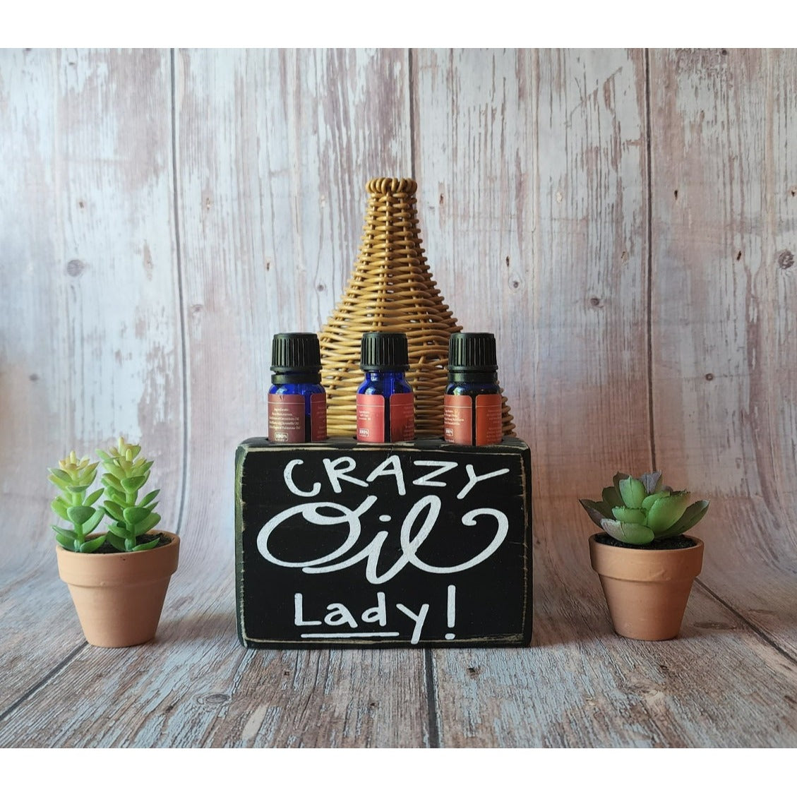 Crazy Oil Lady Wooden Essential Oil Holder 3 Hole Rustic Distressed Black Sign