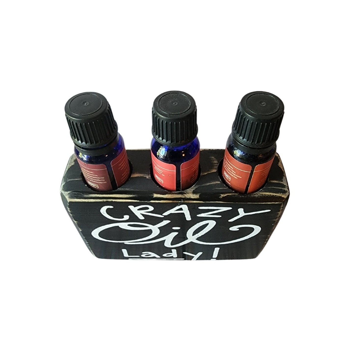 Crazy Oil Lady Wooden Essential Oil Holder 3 Hole Rustic Distressed Black Sign