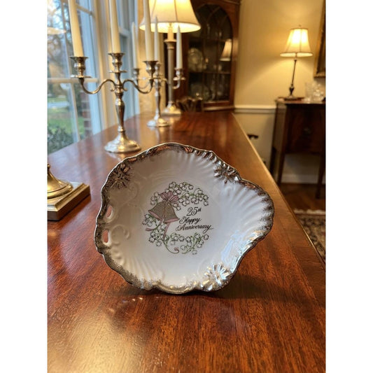 Vintage George Good Japan 25th Anniversary Porcelain Dish With Silver Trim & Floral Design
