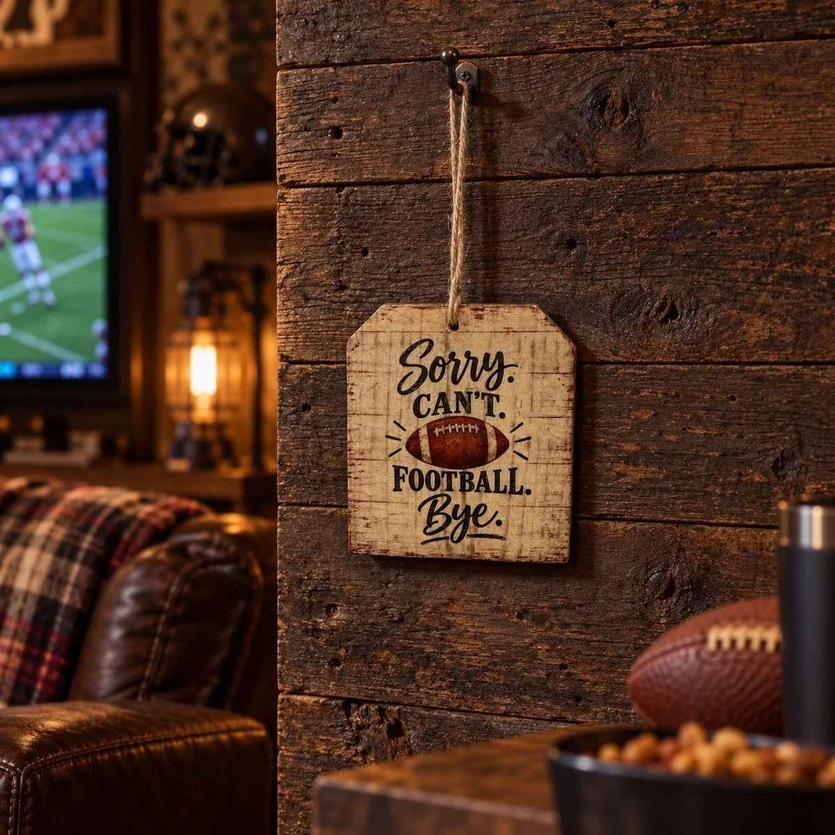 Rustic Wood Football Sign Sorry Cant Football Bye Sports Decor Man Cave Art