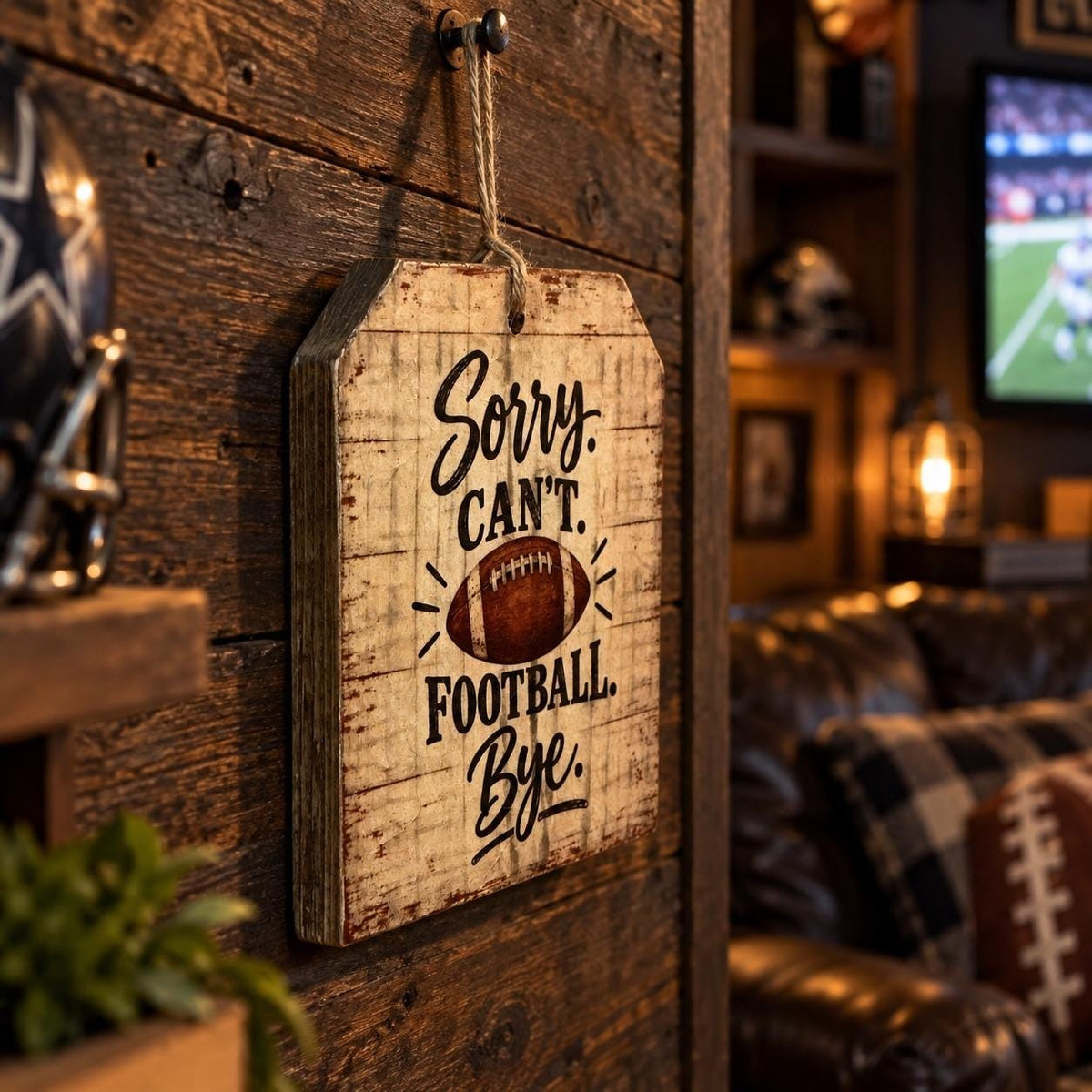 Rustic Wood Football Sign Sorry Cant Football Bye Sports Decor Man Cave Art