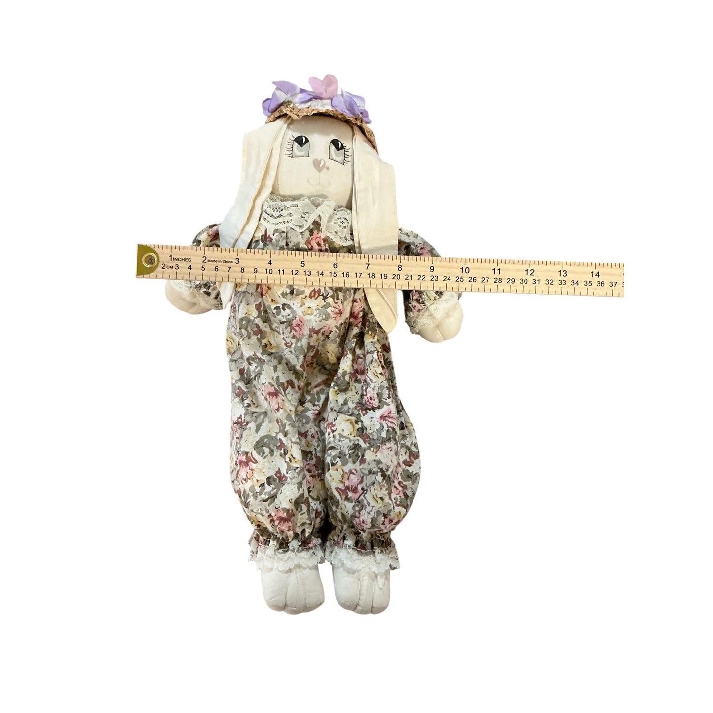 Vintage House of Lloyd Bunny Doll Floral Romper Straw Hat 15 InchL