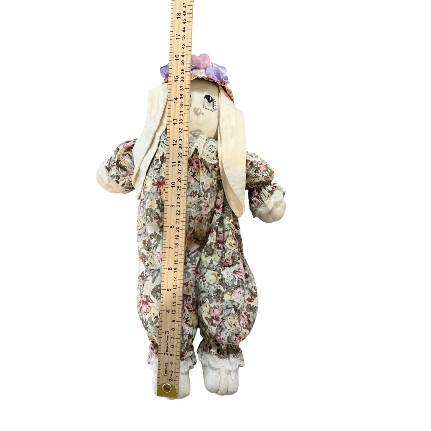 Vintage House of Lloyd Bunny Doll Floral Romper Straw Hat 15 InchL