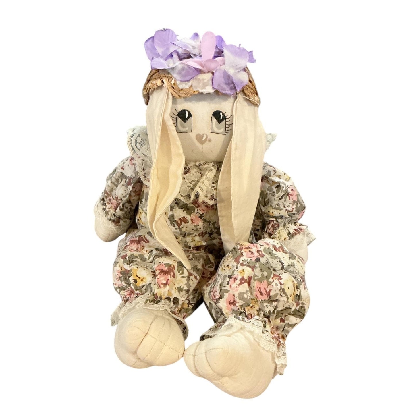 Vintage House of Lloyd Bunny Doll Floral Romper Straw Hat 15 InchL