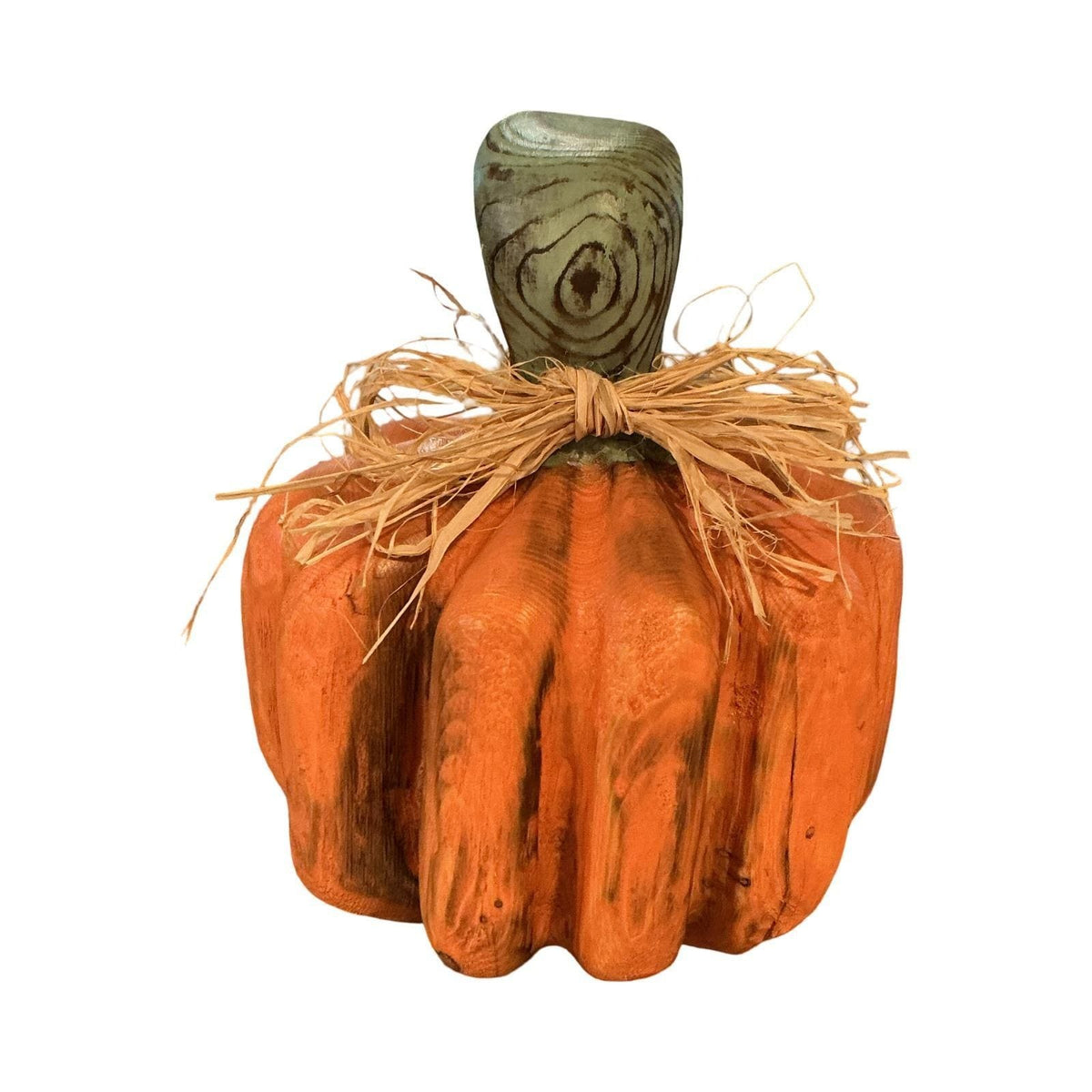 Handmade Rustic Carved Wood Pumpkin Fall Decor Orange 7.5" Figurine