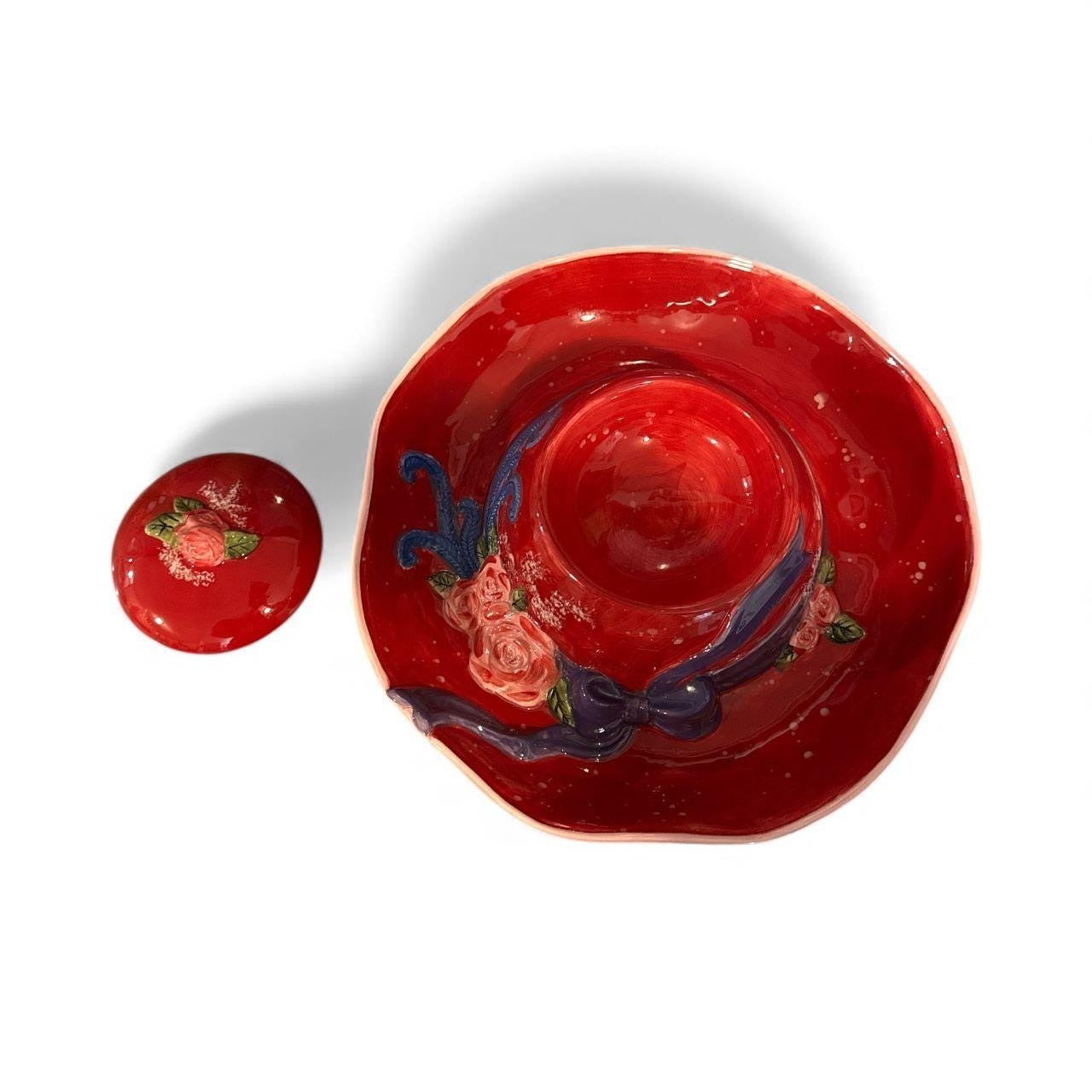 Ceramic Chip and Dip Set, Ladies Hat Design, Floral Accents