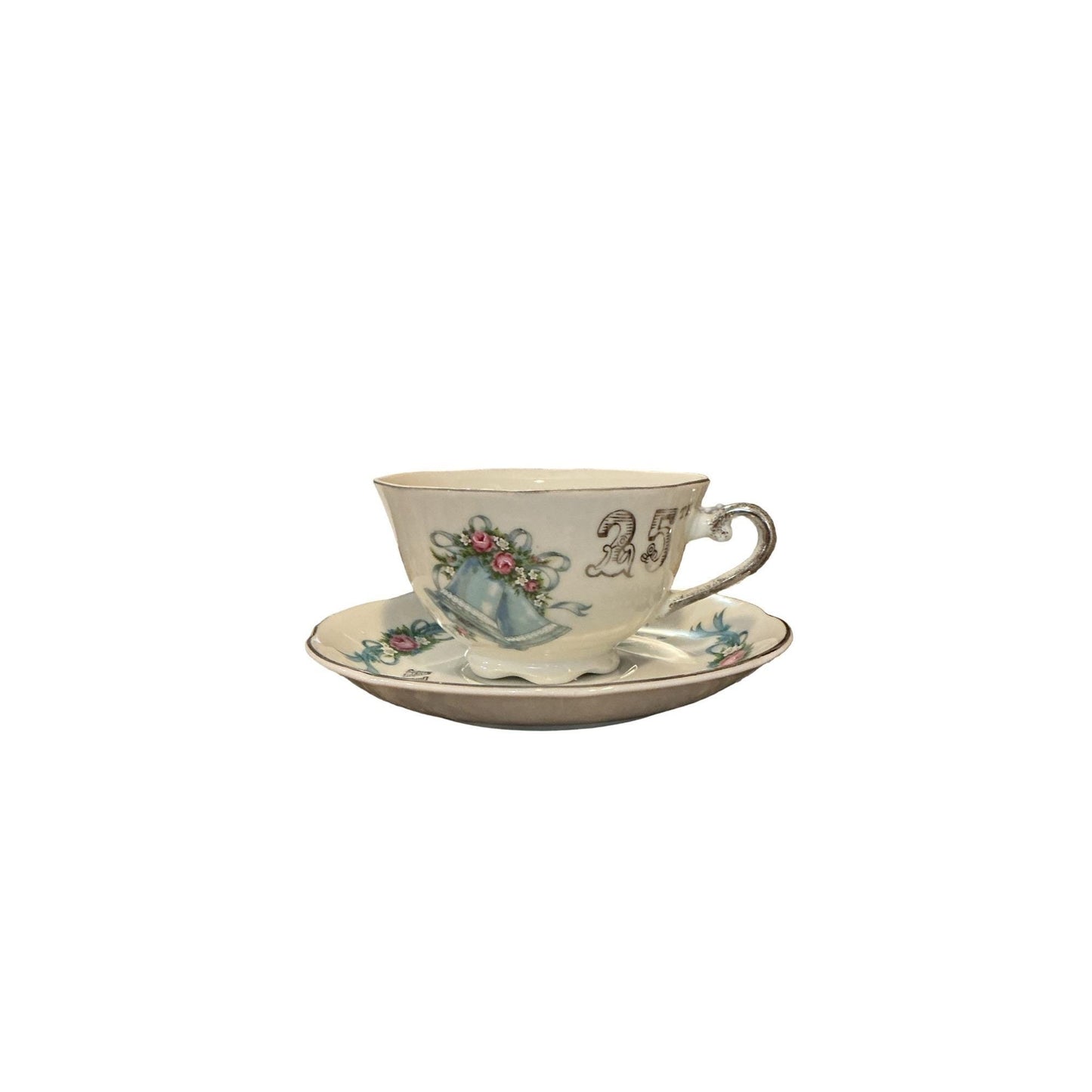 25th Anniversary Porcelain Cup & Saucer Set With Blue Bell Floral Design