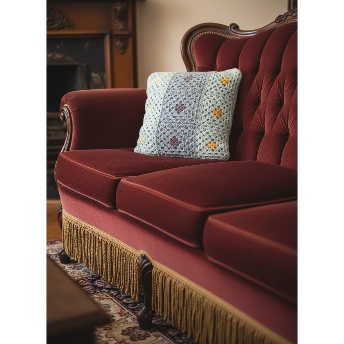 Handmade Crochet Throw Pillow 14" Square With Multicolor Granny Square Pattern & Textured Back