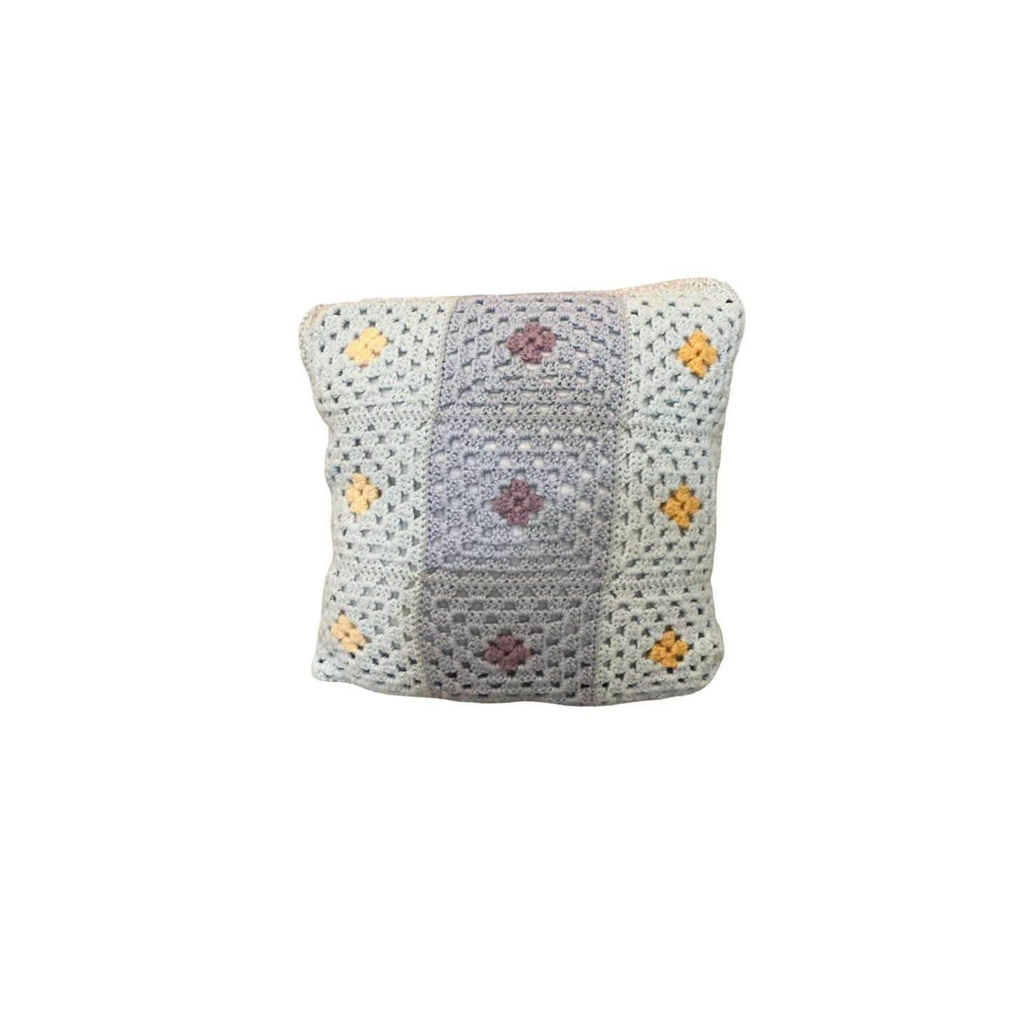 Handmade Crochet Throw Pillow 14" Square With Multicolor Granny Square Pattern & Textured Back