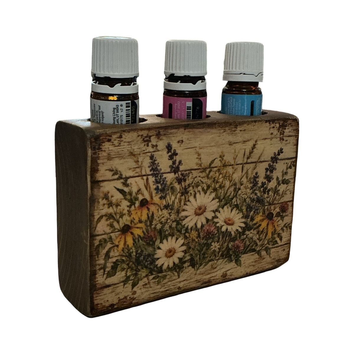 Handmade Wooden Essential Oil Holder With Floral Design For 3 Bottles Fits 5ml & 10ml Rustic Decor Display