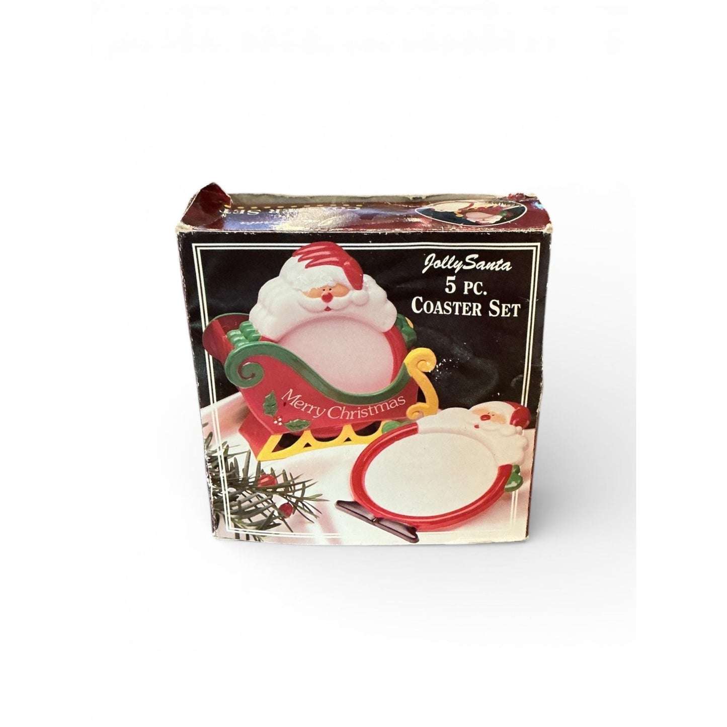 Jolly Santa 5-Piece Christmas Coaster Set With Sleigh Holder