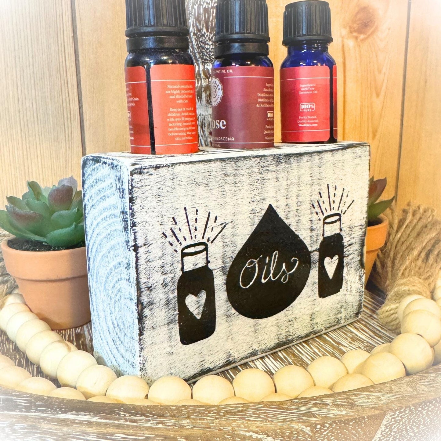 Basket Case Designs Rustic Wood Essential Oil Holder 3 Bottle Organizer White
