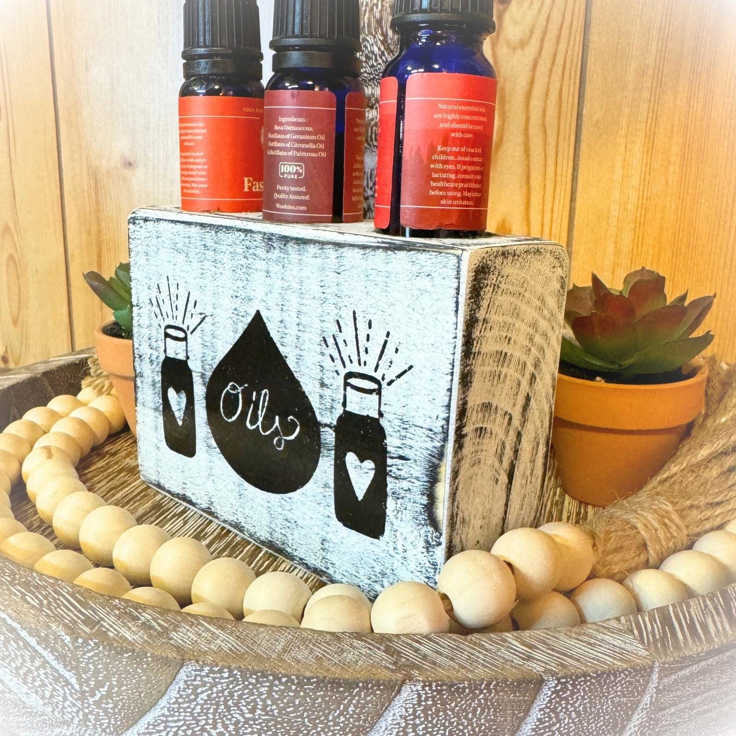 Basket Case Designs Rustic Wood Essential Oil Holder 3 Bottle Organizer White