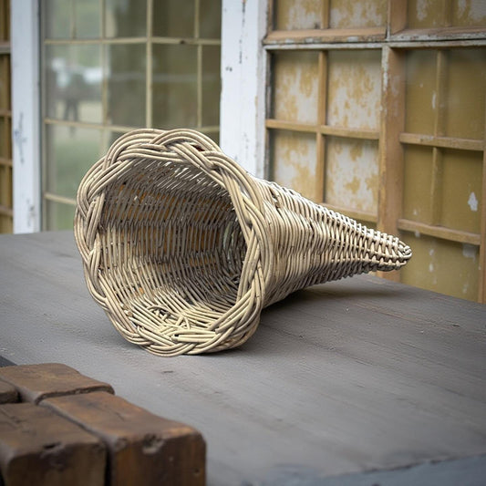 Vintage White Wicker Cornucopia Basket Handwoven Decorative Display 15-Inch Leng