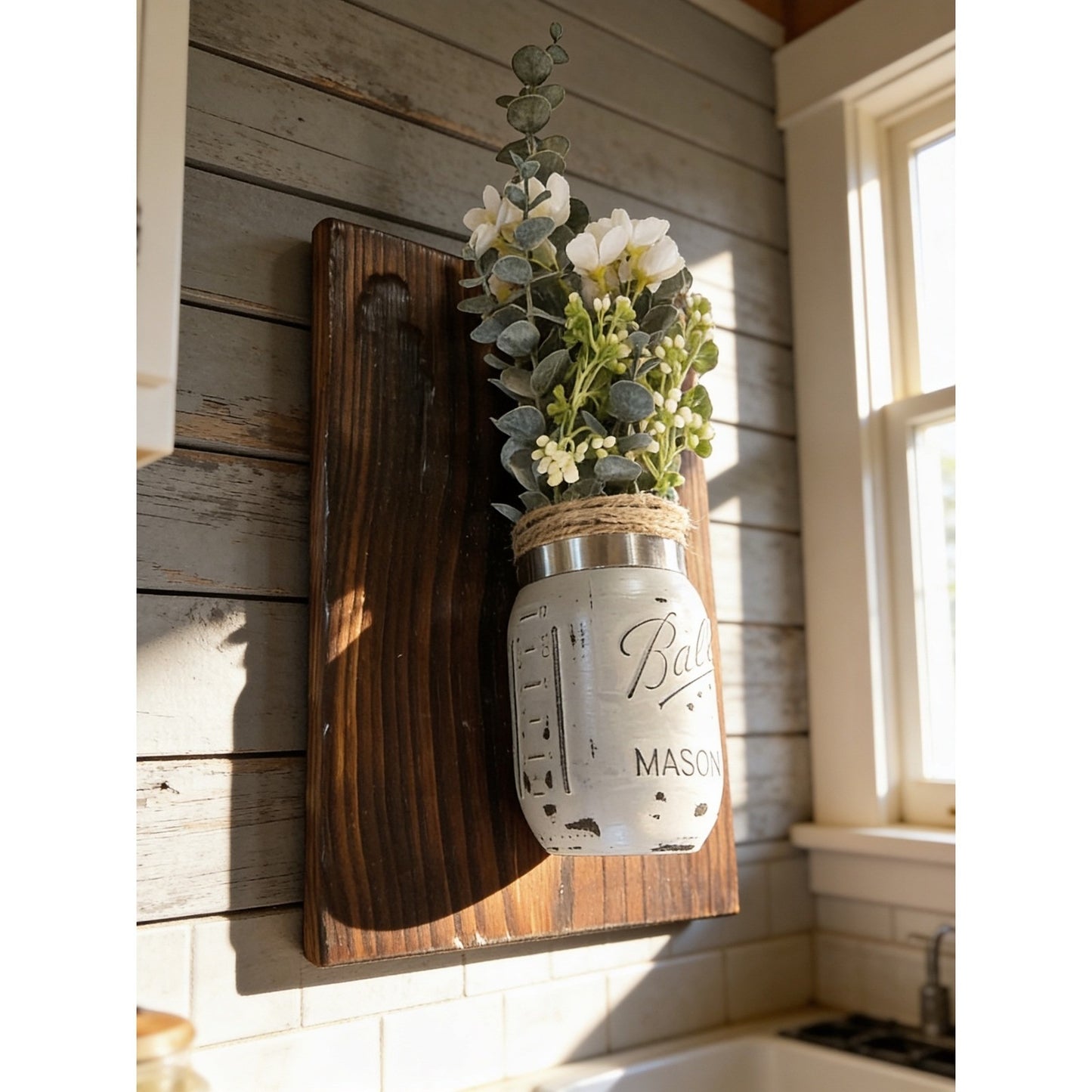 Handmade Rustic Wood Wall Sconce Gray Ball Mason Jar Floral Decor 11x9