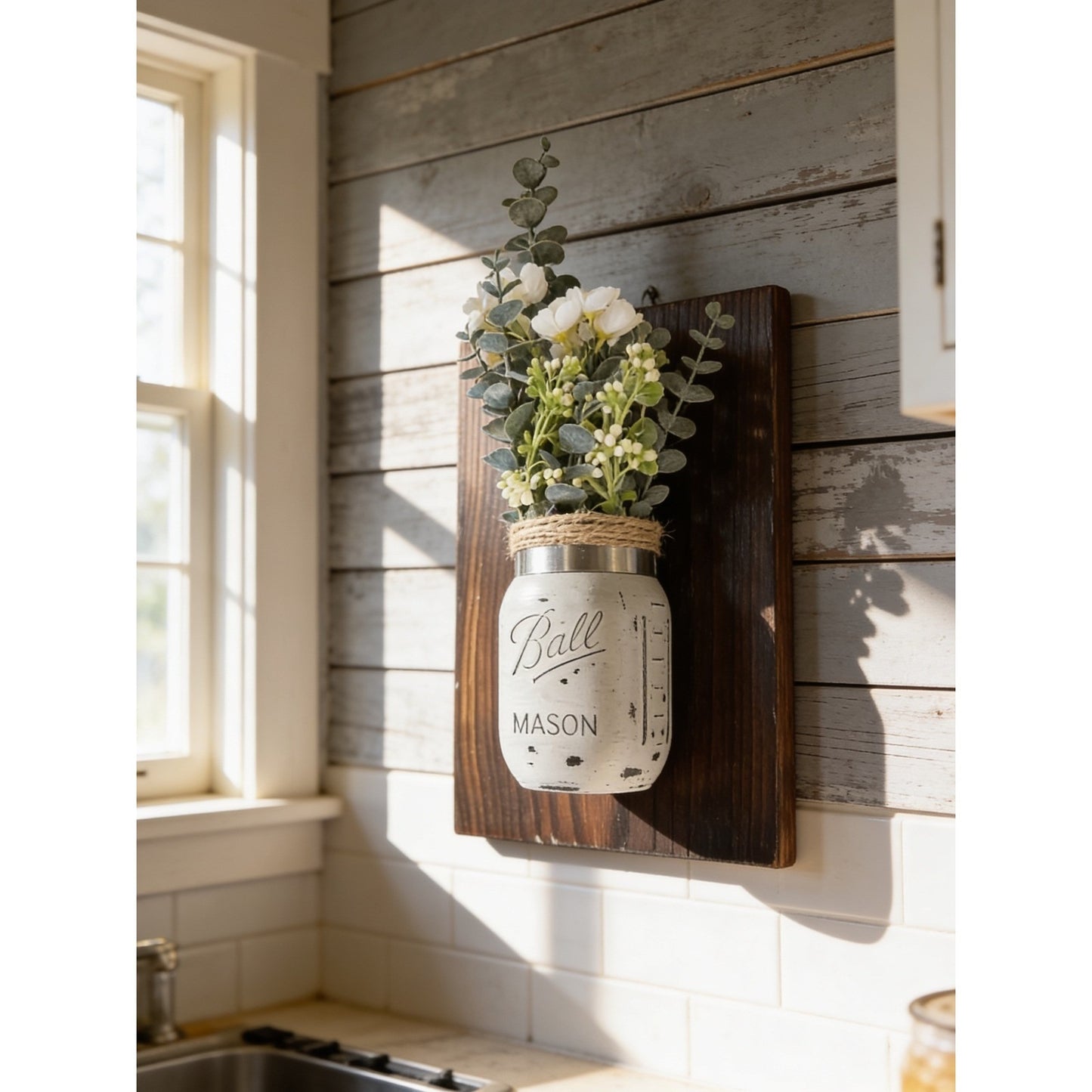 Handmade Rustic Wood Wall Sconce Gray Ball Mason Jar Floral Decor 11x9