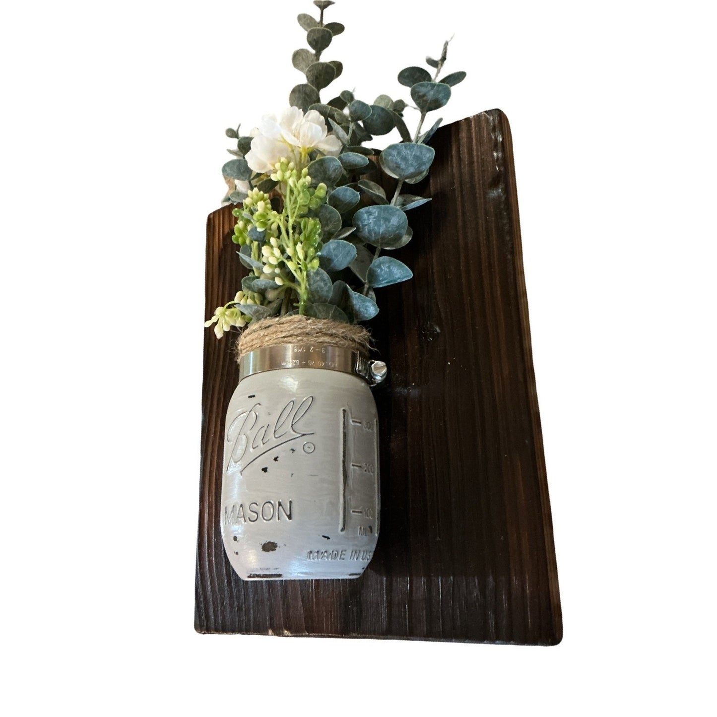 Handmade Rustic Wood Wall Sconce Gray Ball Mason Jar Floral Decor 11x9