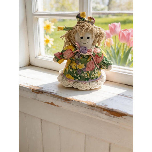 Main Joy Limited Vintage Floral Rag Doll Lace Trim Yarn Hair Weighted 8.5 Inch