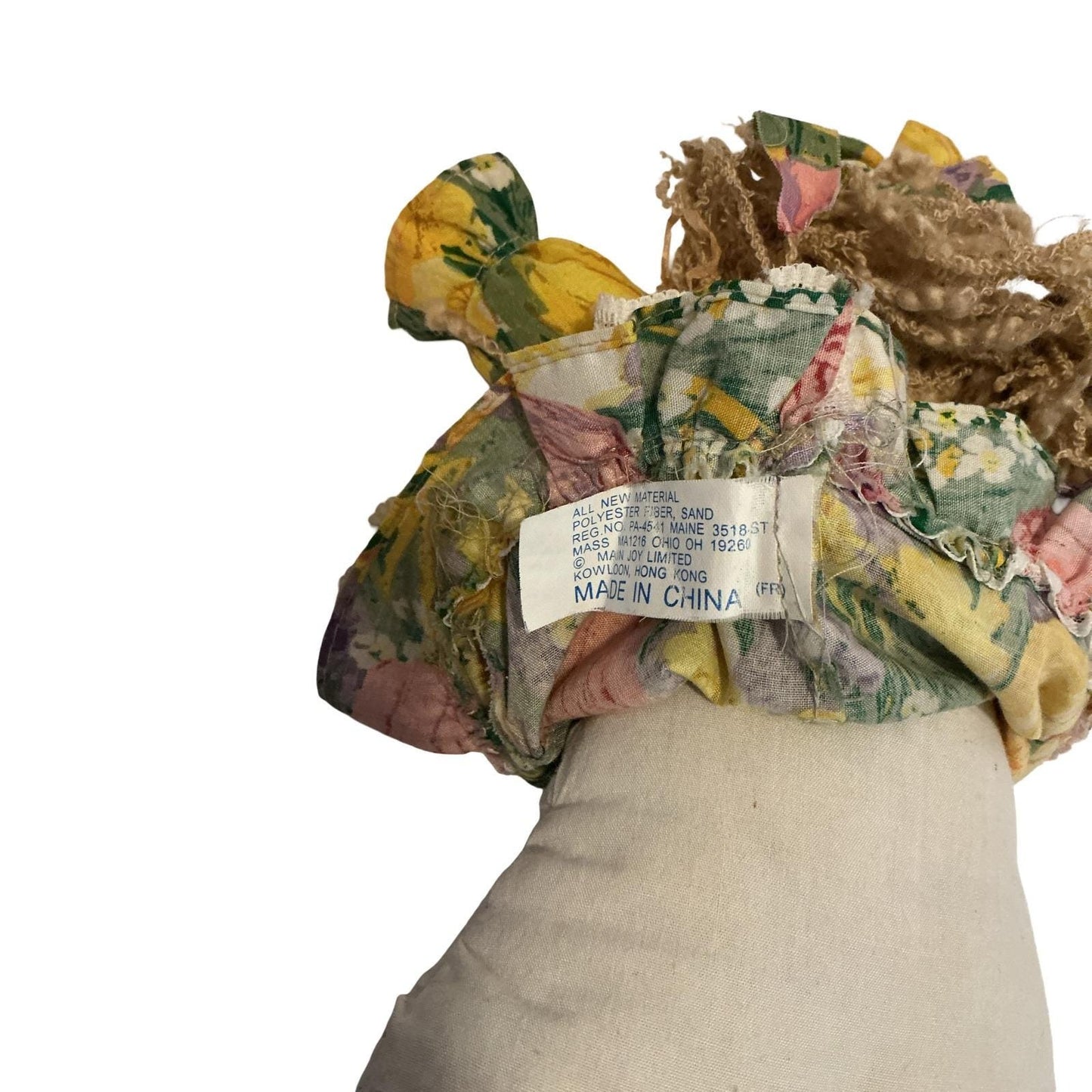 Main Joy Limited Vintage Floral Rag Doll Lace Trim Yarn Hair Weighted 8.5 Inch