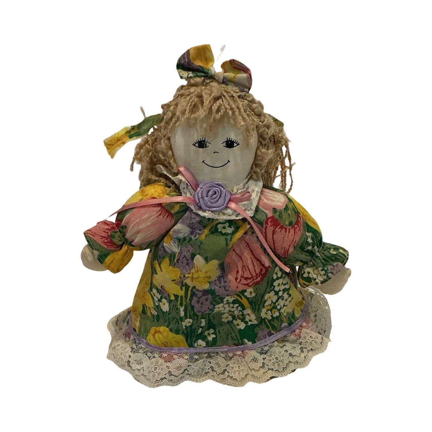Main Joy Limited Vintage Floral Rag Doll Lace Trim Yarn Hair Weighted 8.5 Inch