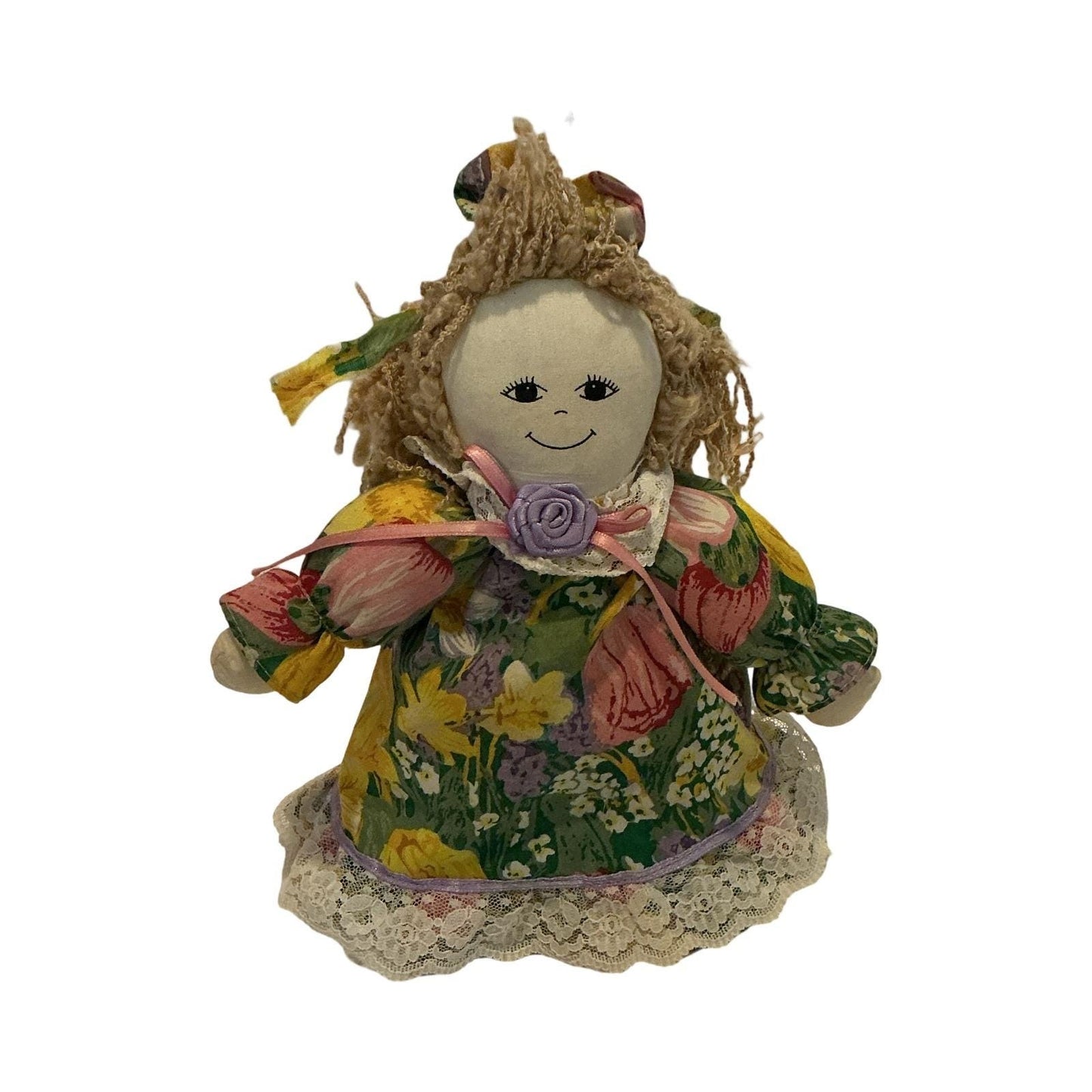 Main Joy Limited Vintage Floral Rag Doll Lace Trim Yarn Hair Weighted 8.5 Inch