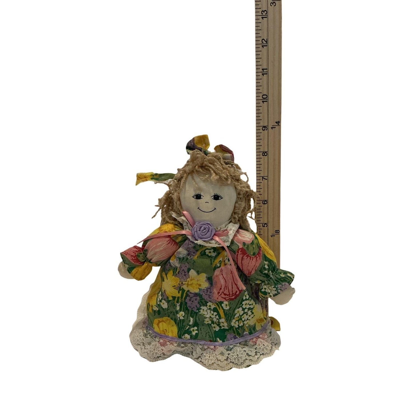 Main Joy Limited Vintage Floral Rag Doll Lace Trim Yarn Hair Weighted 8.5 Inch
