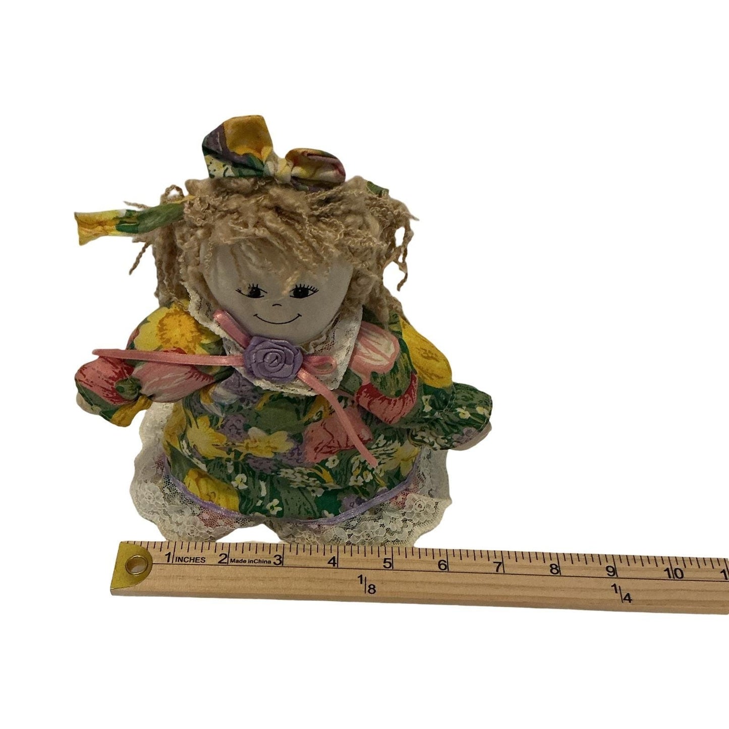 Main Joy Limited Vintage Floral Rag Doll Lace Trim Yarn Hair Weighted 8.5 Inch